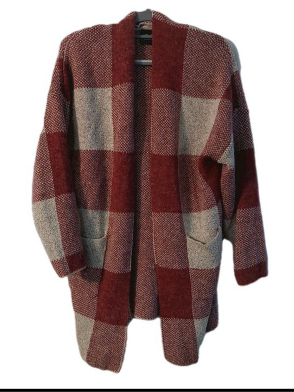 Hemish Open -Front Buffalo Check Cardigan Coatigan - Burgundy and Gray M